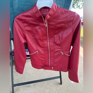 Red Faux Leather Jacket with Zipper Details